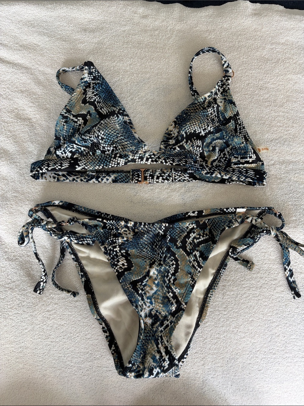 Snake-Print Tie-Side Bikini in Blue and Black